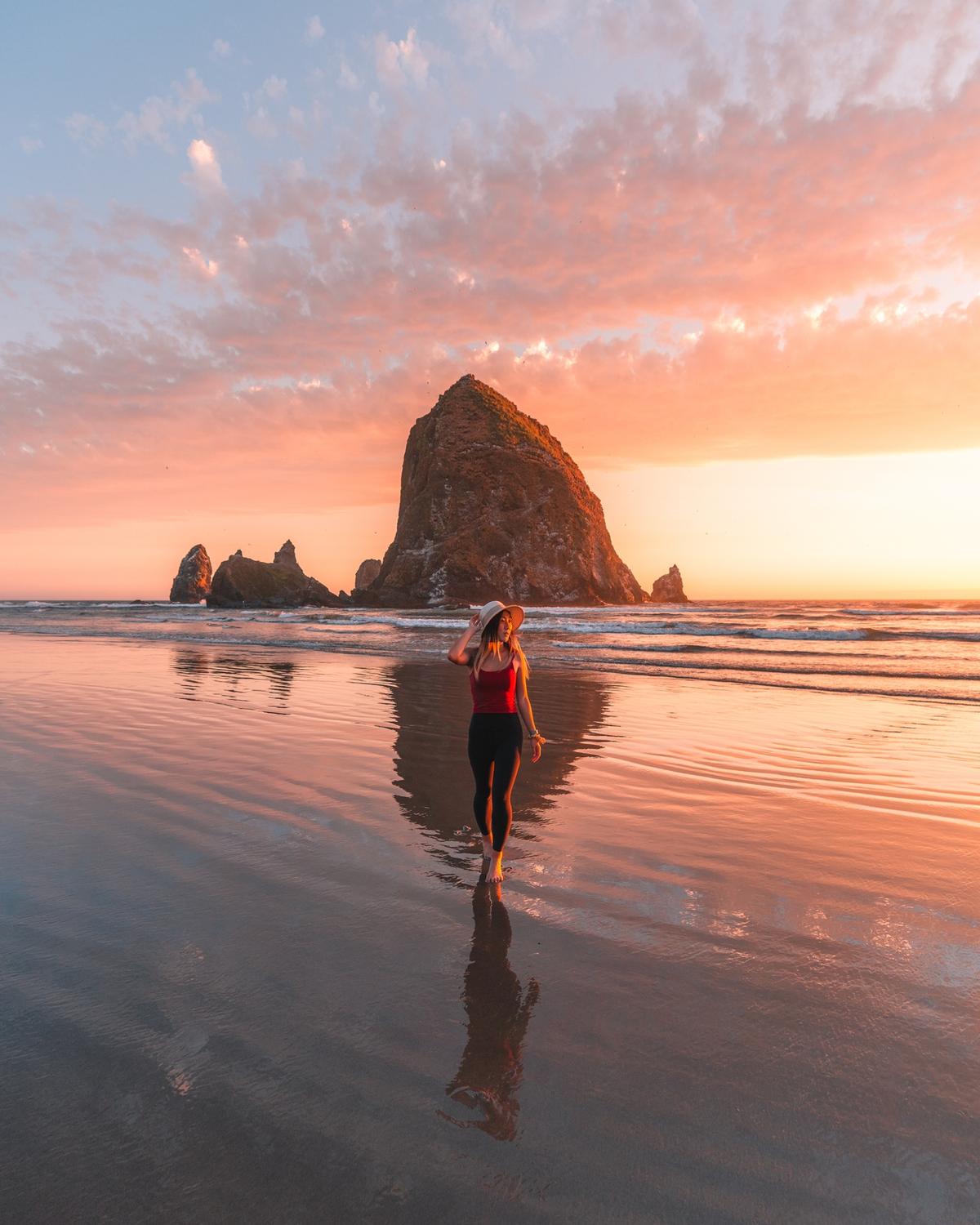 Grace in front of Haystack Rock